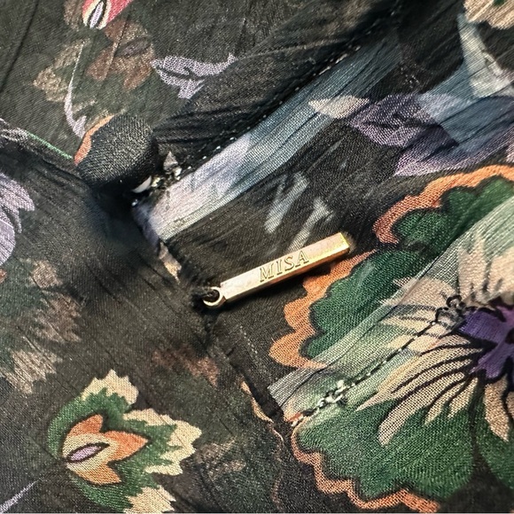 MISA Los Angeles Lulu Floral Top XS blouse long sleeve sheer tie bow black mock - Picture 16 of 16